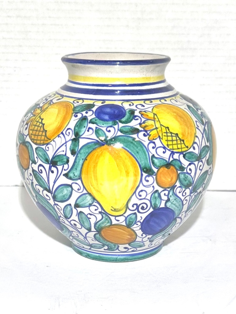 VTG Hand Painted Round Ceramic Vase 6” Fruit Motif Signed F Micalli Deruta Italy